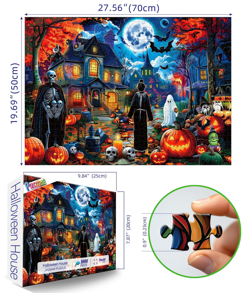 PuzzOne Halloween 1000-Piece Jigsaw Puzzle – Haunted Mansion with Skeletons & Ghosts (27.5" x 19.7")