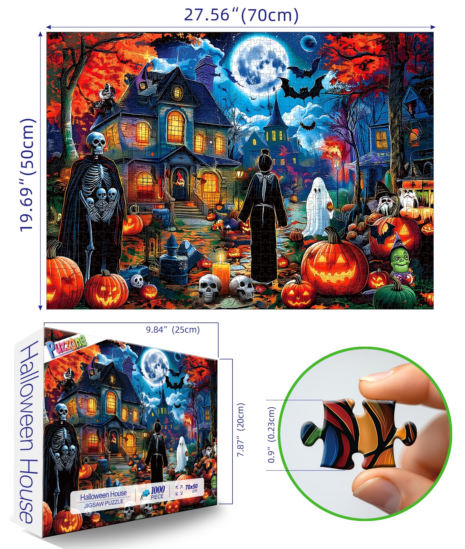 PuzzOne Halloween 1000-Piece Jigsaw Puzzle – Haunted Mansion with Skeletons & Ghosts (27.5" x 19.7")