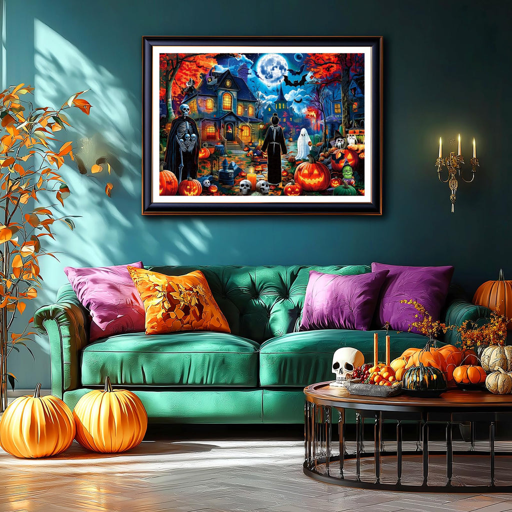 PuzzOne Halloween 1000-Piece Jigsaw Puzzle – Haunted Mansion with Skeletons & Ghosts (27.5" x 19.7")