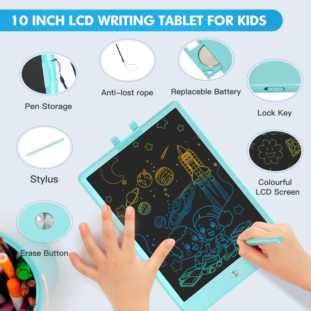 PYTTUR 10 Inch LCD Writing Tablet for Kids - Colorful Toddler Doodle Board, Reusable Drawing Pad Educational Toy (Blue)