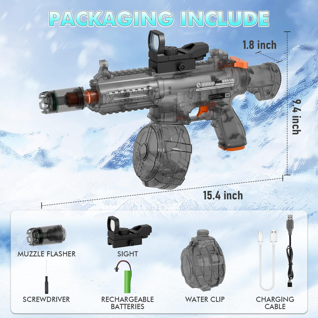QHECTTY Electric Water Gun: Transparent Automatic Squirt Gun with 28-32ft Range, Rechargeable Battery, and Waterproof Design for Summer Outdoor Play (Black)