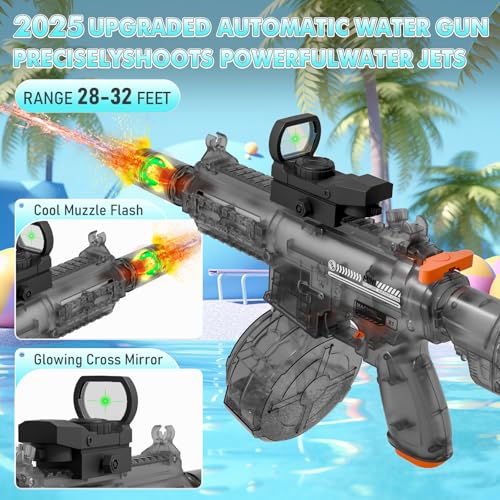 QHECTTY Electric Water Gun: Transparent Automatic Squirt Gun with 28-32ft Range, Rechargeable Battery, and Waterproof Design for Summer Outdoor Play (Black)