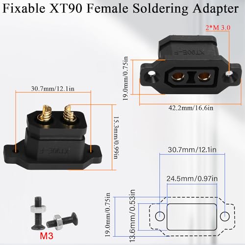 QIANRENON Fixable XT90 Female Soldering Adapter – XT90E-F Panel Mount, 30A, Gold Plated, IP40 Dust Cover, 2 Pack
