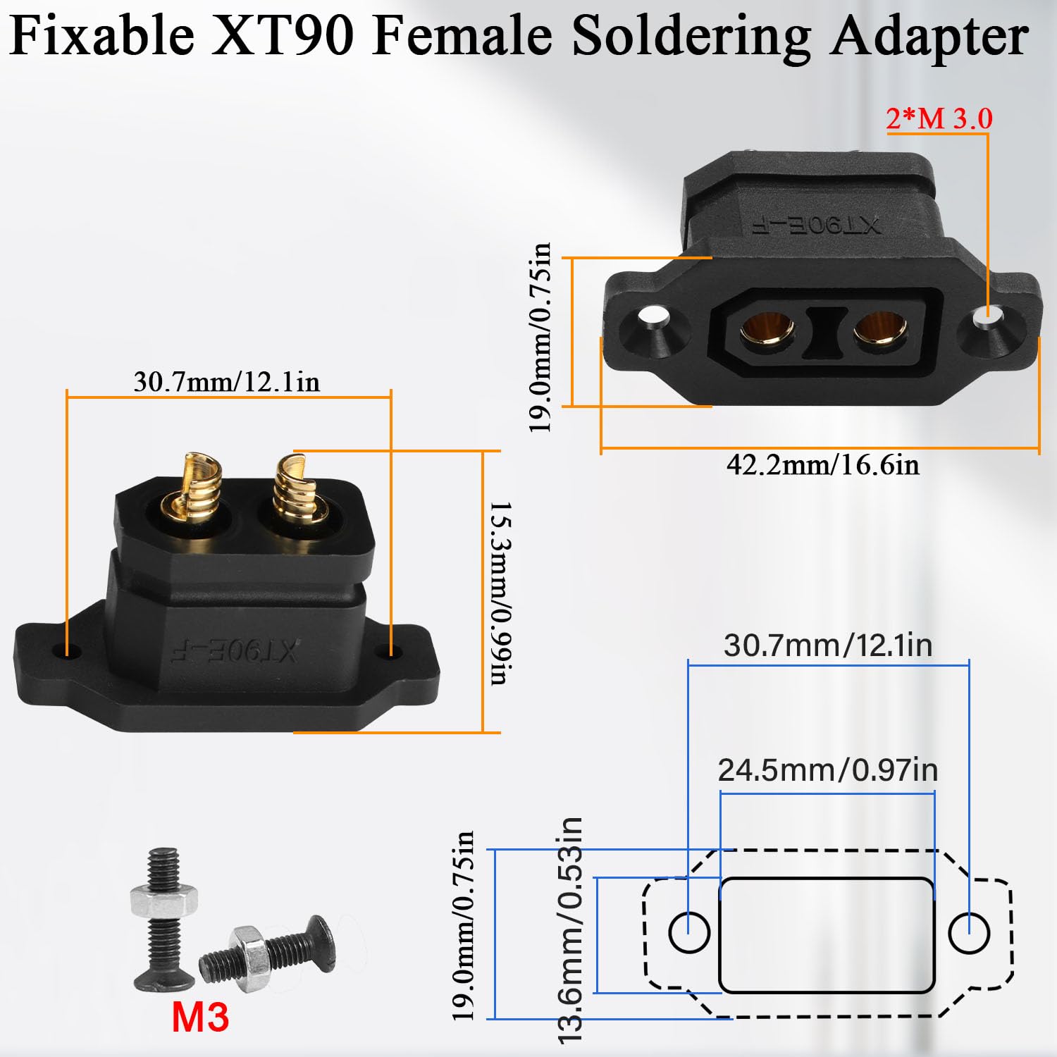 QIANRENON Fixable XT90 Female Soldering Adapter – XT90E-F Panel Mount, 30A, Gold Plated, IP40 Dust Cover, 2 Pack