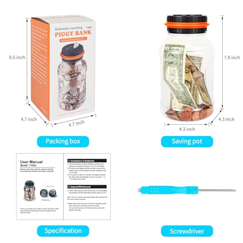 Qiekaka Coin Bank with LCD Counter for US Coins – Black Orange Piggy Bank for Kids and Adults
