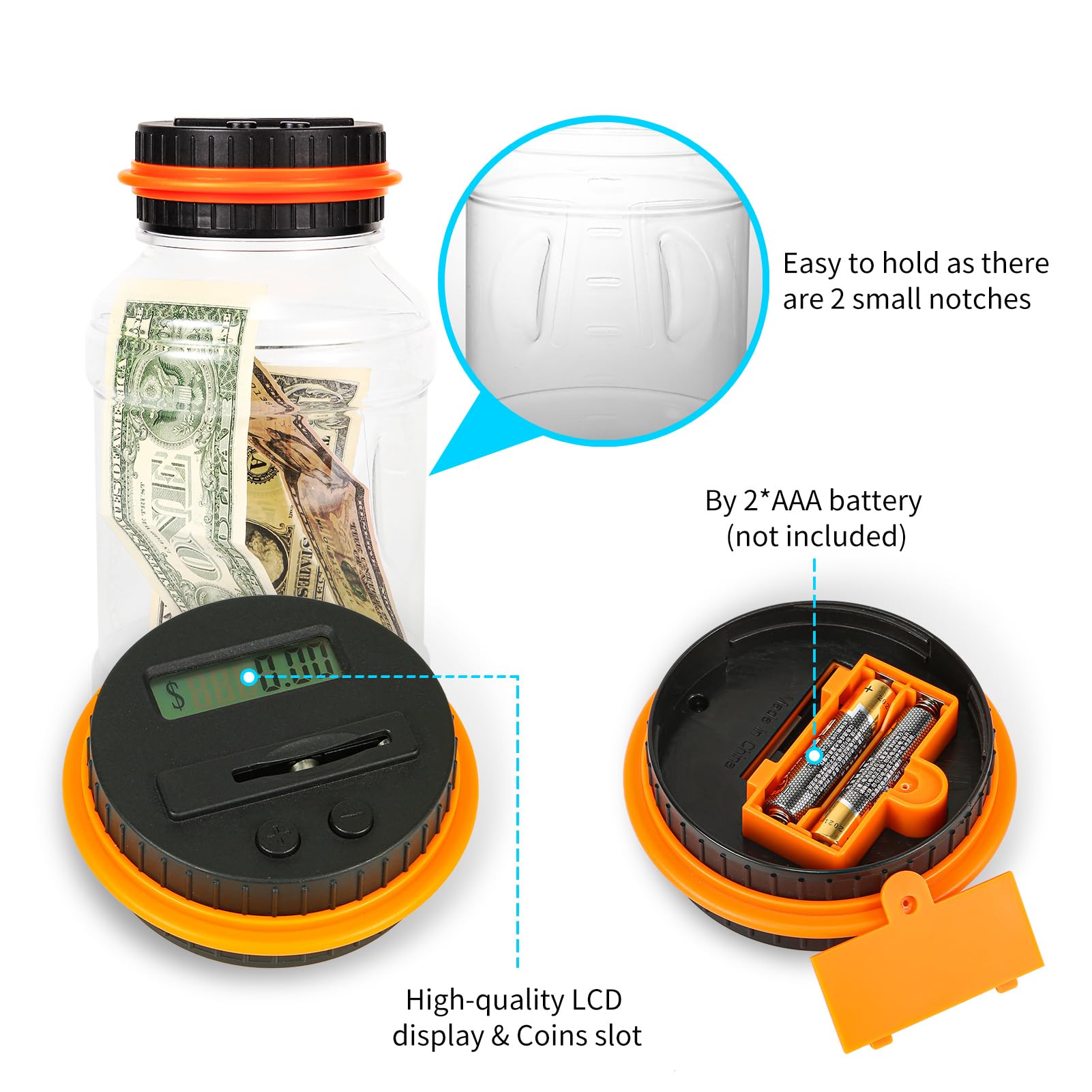Qiekaka Coin Bank with LCD Counter for US Coins – Black Orange Piggy Bank for Kids and Adults