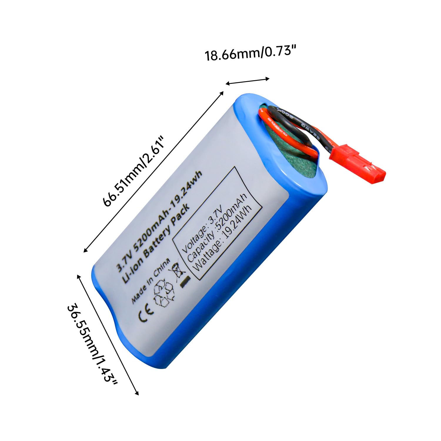 Qimoo 3.7V 5200mAh Lithium Ion Battery Pack with JST-2P Connector for RC Vehicles and DIY Projects