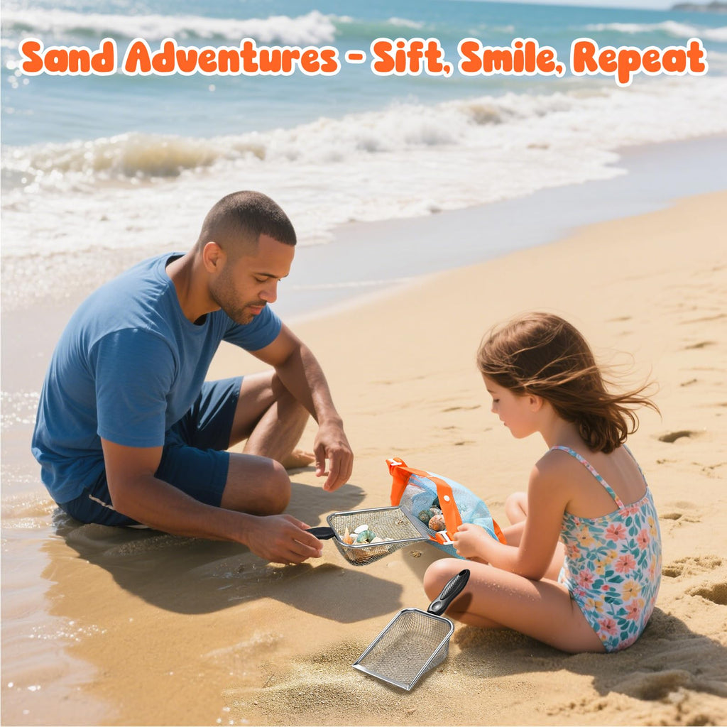 QINGLER 2-Piece Beach Mesh Sand Sifter Set with 2 Mesh Bags – Shell Collecting Tool for Kids