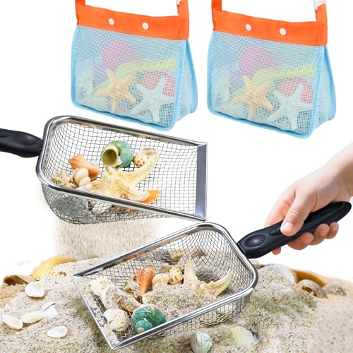 QINGLER 2-Piece Beach Mesh Sand Sifter Set with 2 Mesh Bags – Shell Collecting Tool for Kids