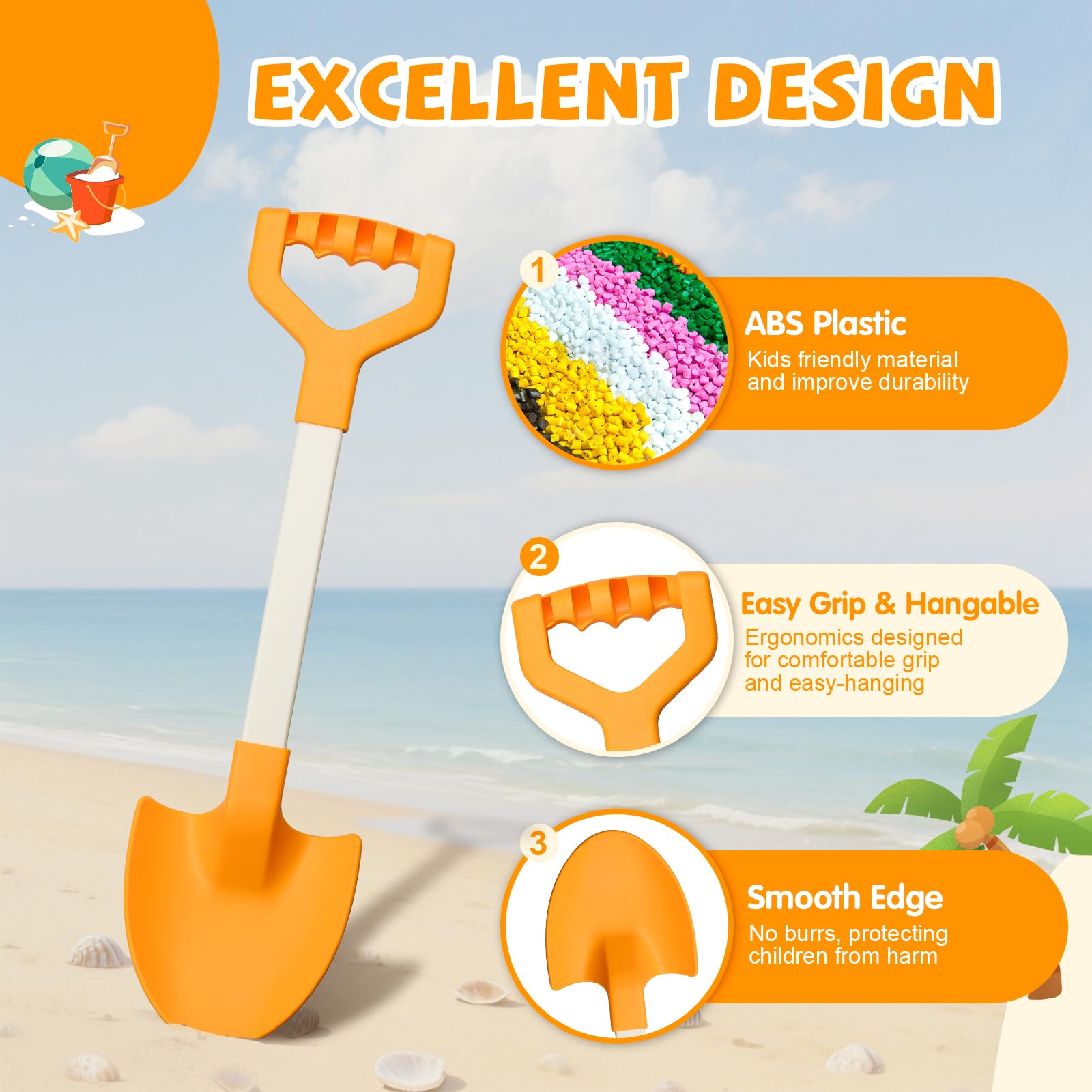 QINGLER 20-Inch Kids Sand Shovels (2-Pack) – Heavy Duty Plastic Beach Toys for Digging in Sand, Snow, or Garden