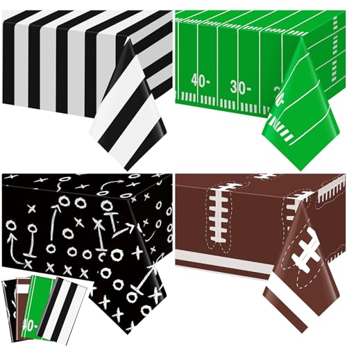 Qinyoung 4 Pack Football Tablecloths - Disposable Plastic Rectangle Sports Table Covers for Birthday Party Decor, 108 x 54 Inches