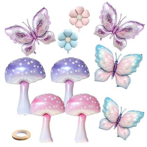 QIPECO Fairy Balloons 10-Pack: Pink Purple Mushroom & Butterfly Balloons for Birthday Party Decor