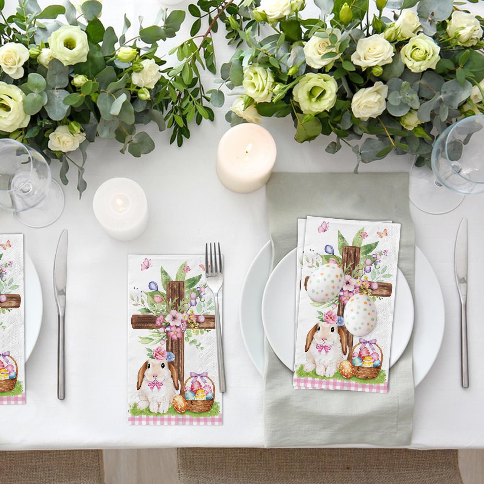 QIYANPAX 100 Easter Paper Napkins – Watercolor Bunny & Floral Design – Disposable Decorative Guest Napkins