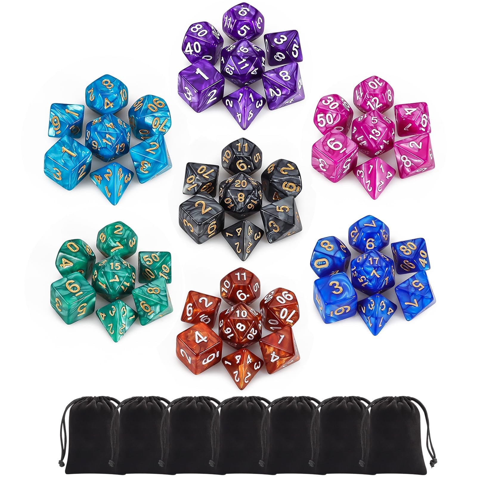 QMay 49-Piece Polyhedral Dice Set – 7 Complete D&D Dice Sets with Drawstring Bags