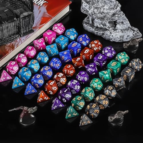 QMay 49-Piece Polyhedral Dice Set – 7 Complete D&D Dice Sets with Drawstring Bags