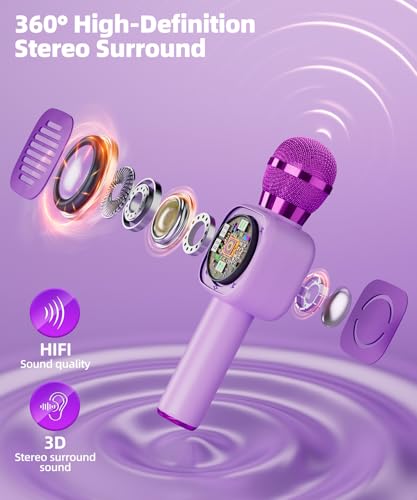 Qnxoat r Kids Karaoke Microphone - Portable Bluetooth Speaker with LED, TWS Duet, Voice Changer