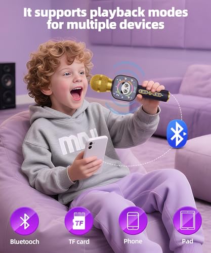 Qnxoat r Kids Karaoke Microphone - Portable Bluetooth Speaker with LED, TWS Duet, Voice Changer