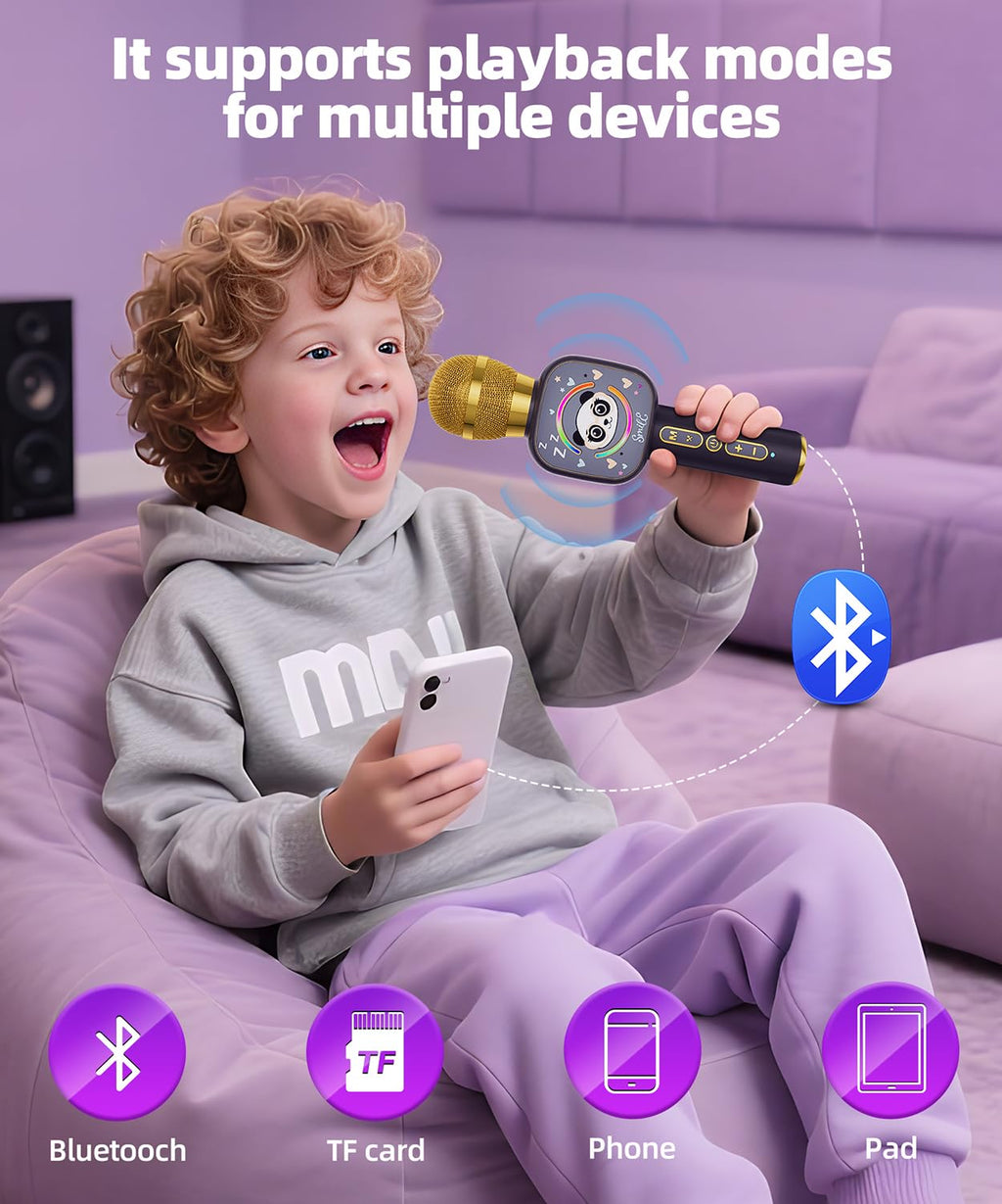 Qnxoat r Kids Karaoke Microphone - Portable Bluetooth Speaker with LED, TWS Duet, Voice Changer