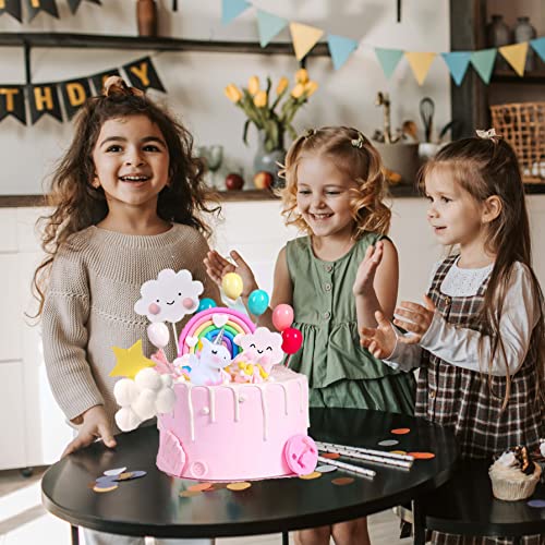 Qoadwem Unicorn Cake Topper Set – 15-Piece Rainbow & Cloud Decorations for 6-10 Inch Cakes