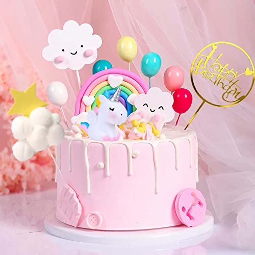 Qoadwem Unicorn Cake Topper Set – 15-Piece Rainbow & Cloud Decorations for 6-10 Inch Cakes