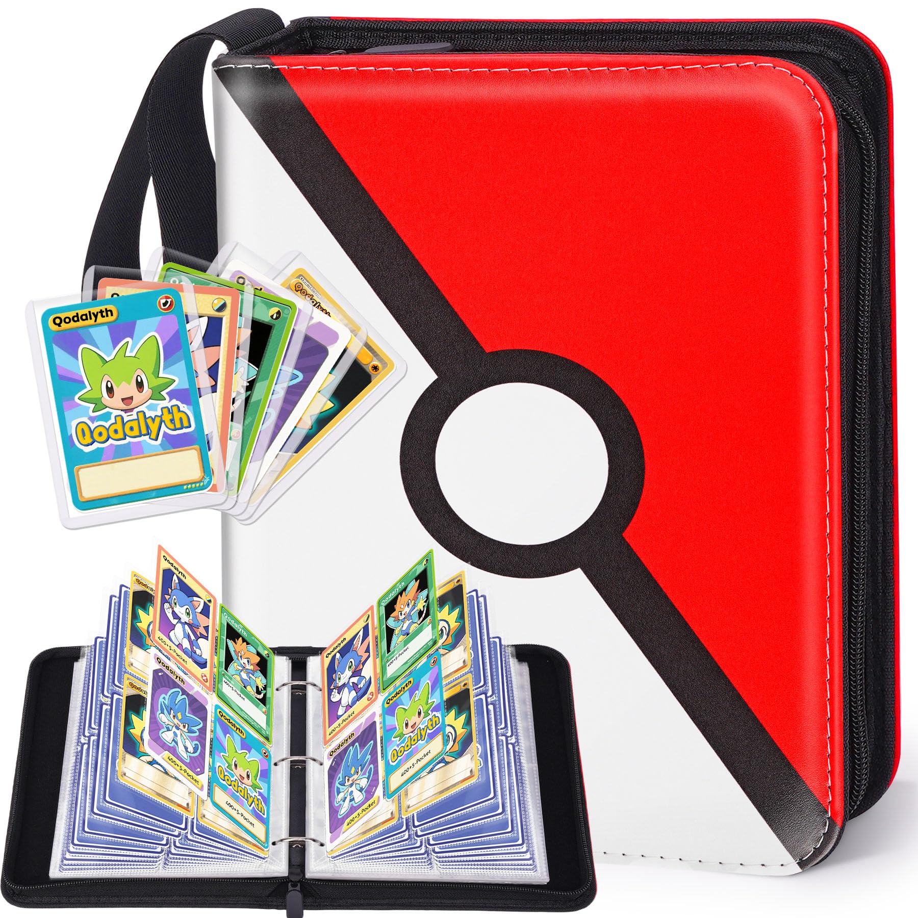 Qodalyth 4-Pocket Card Binder – PU Leather Zipper Album Holds 400 Cards, Includes 5 Hard Sleeves for TCG, MTG, Sports Cards