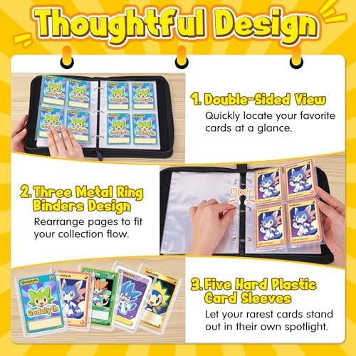 Qodalyth 4-Pocket Card Binder – PU Leather Zipper Album Holds 400 Cards, Includes 5 Hard Sleeves for TCG, MTG, Sports Cards