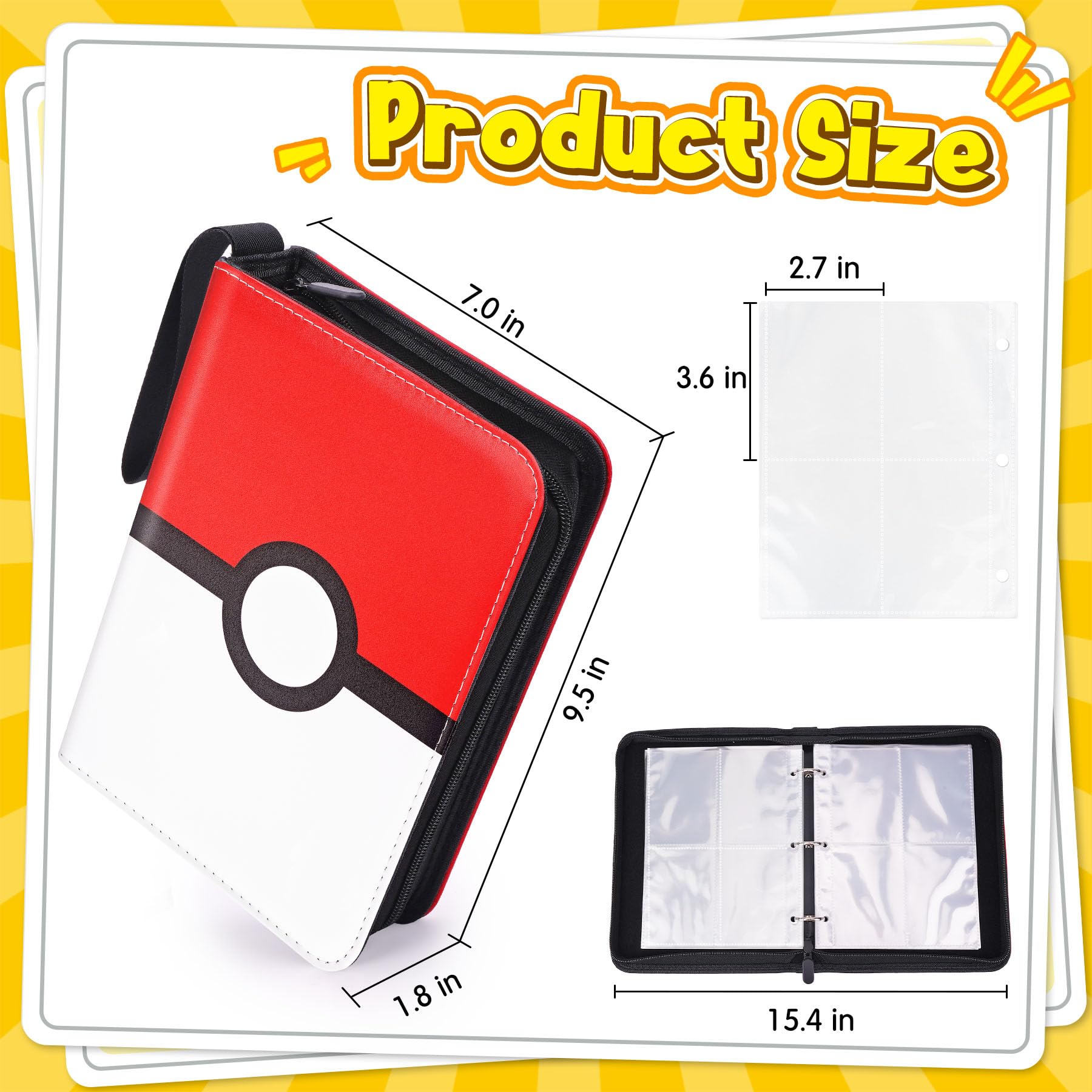 Qodalyth 4-Pocket Card Binder with Zipper – Holds 400 Cards, PU Leather, Double-Sided Pages (Red & White)