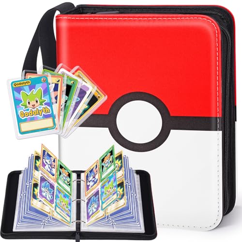 Qodalyth 4-Pocket Card Binder with Zipper – Holds 400 Cards, PU Leather, Double-Sided Pages (Red & White)