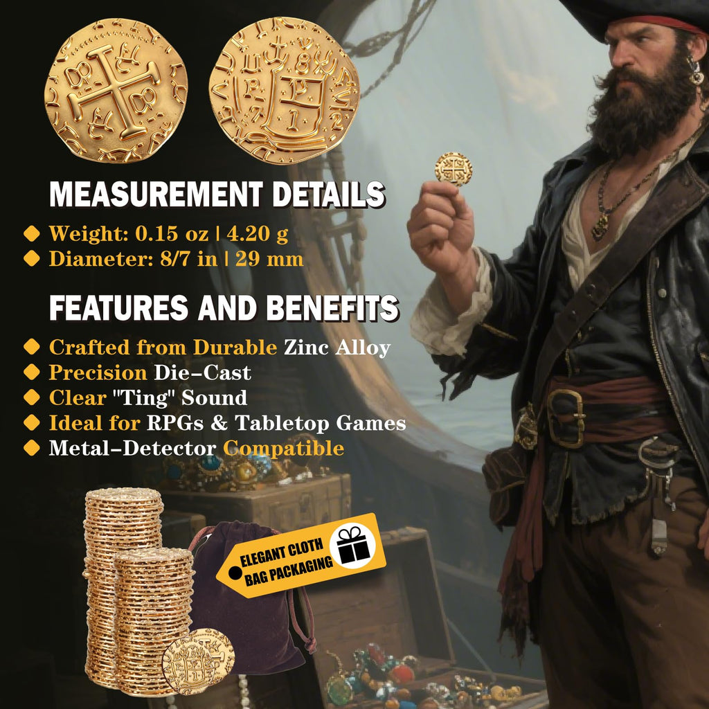 QPCOS 35-Piece Gold Metal Pirate Coins – 1.18" Spanish Doubloon Replicas for Board Games, Cosplay & Treasure Chests