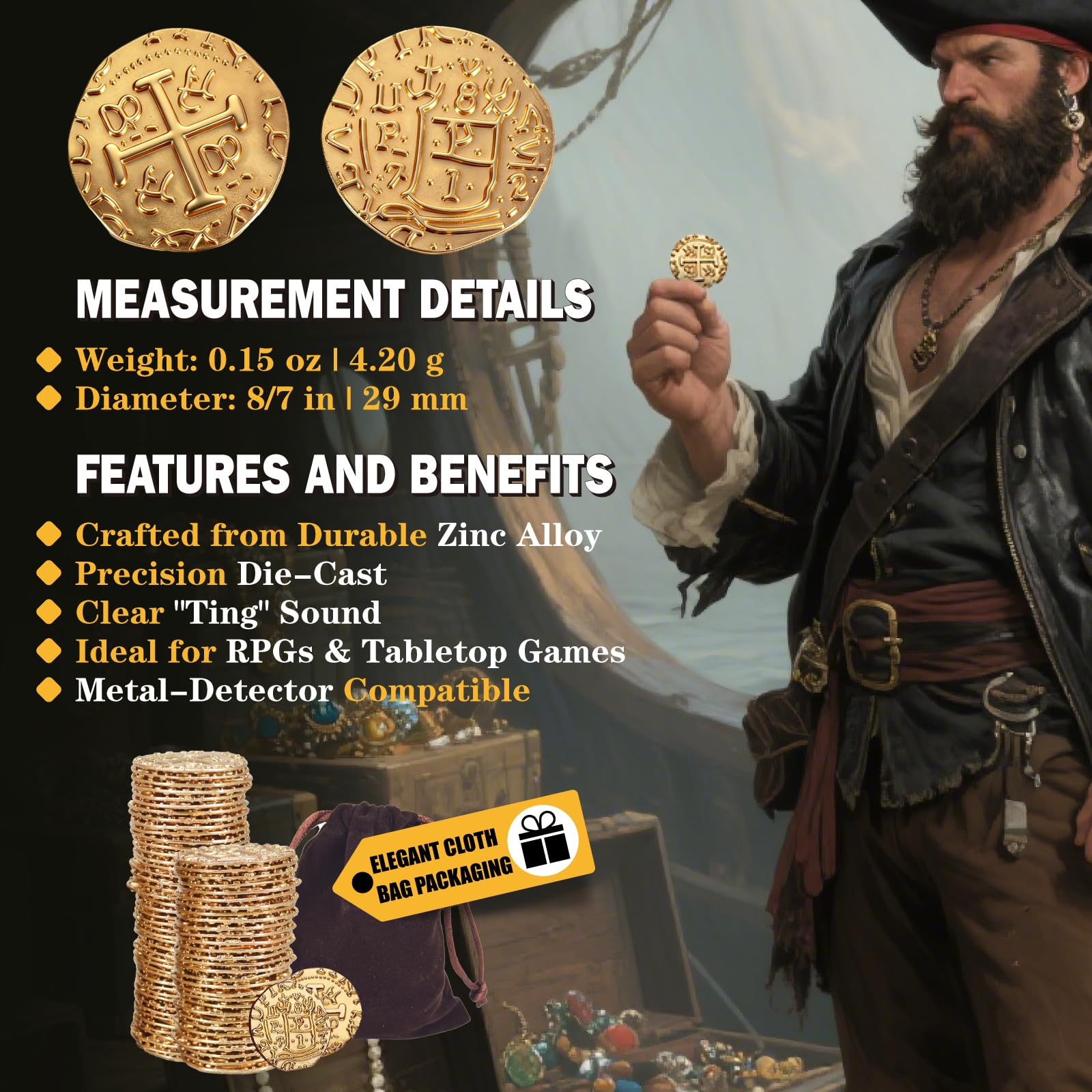QPCOS 35-Piece Gold Metal Pirate Coins – 1.18" Spanish Doubloon Replicas for Board Games, Cosplay & Treasure Chests