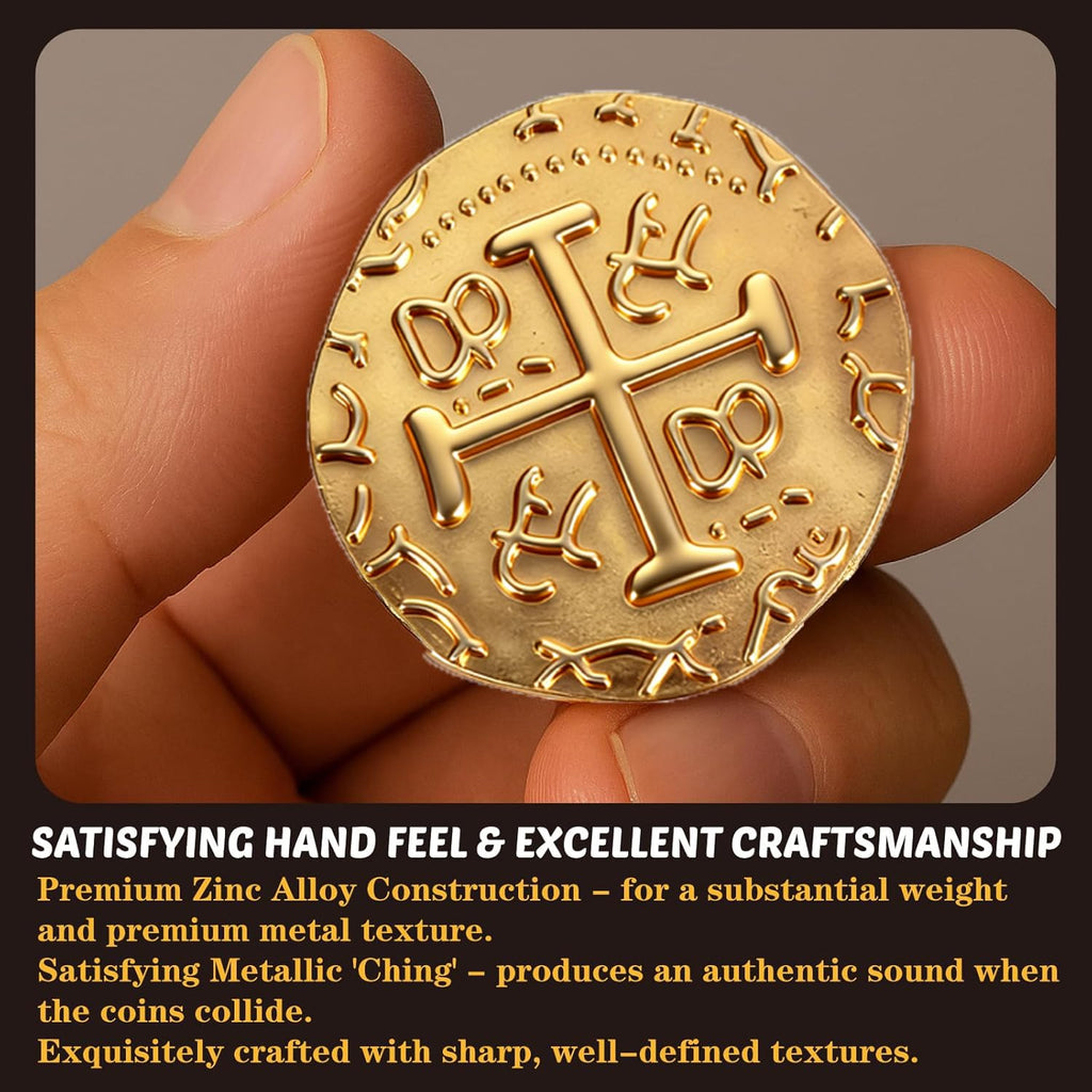 QPCOS 35-Piece Gold Metal Pirate Coins – 1.18" Spanish Doubloon Replicas for Board Games, Cosplay & Treasure Chests