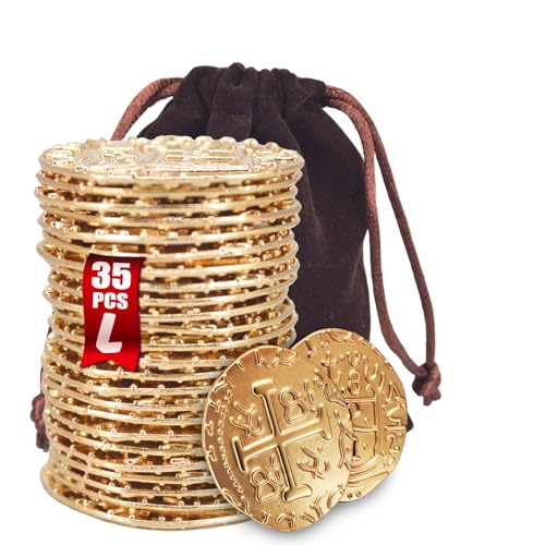 QPCOS 35-Piece Gold Metal Pirate Coins – 1.18" Spanish Doubloon Replicas for Board Games, Cosplay & Treasure Chests