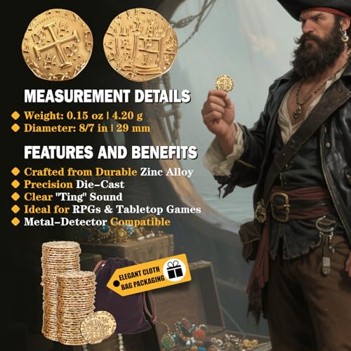 QPCOS 35-Piece Gold Metal Pirate Coins – 1.18" Spanish Doubloon Replicas for Board Games, Cosplay & Treasure Chests