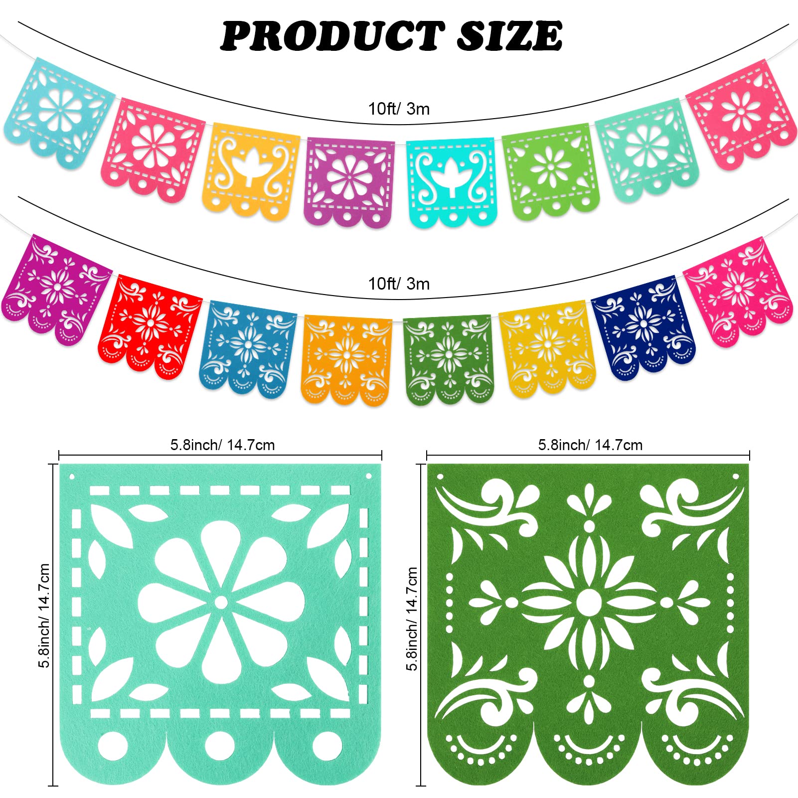 Qpout 4-Pack Felt Papel Picado Banners – Mexican Fiesta Decorations for Cinco de Mayo & Day of the Dead