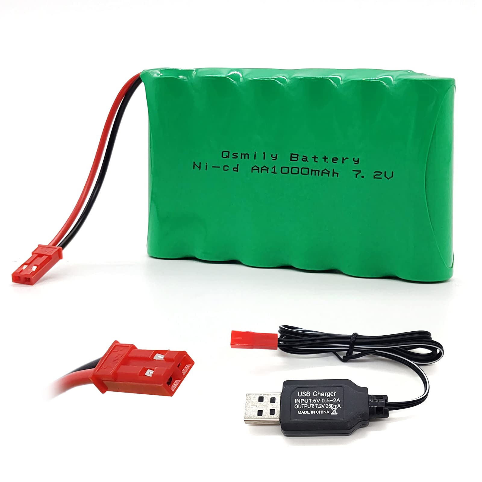 Qsmily 7.2V 1000mAh Ni-Cd Battery Pack with JST Connector and Charge Cable for RC Trucks, Excavators, and Toys