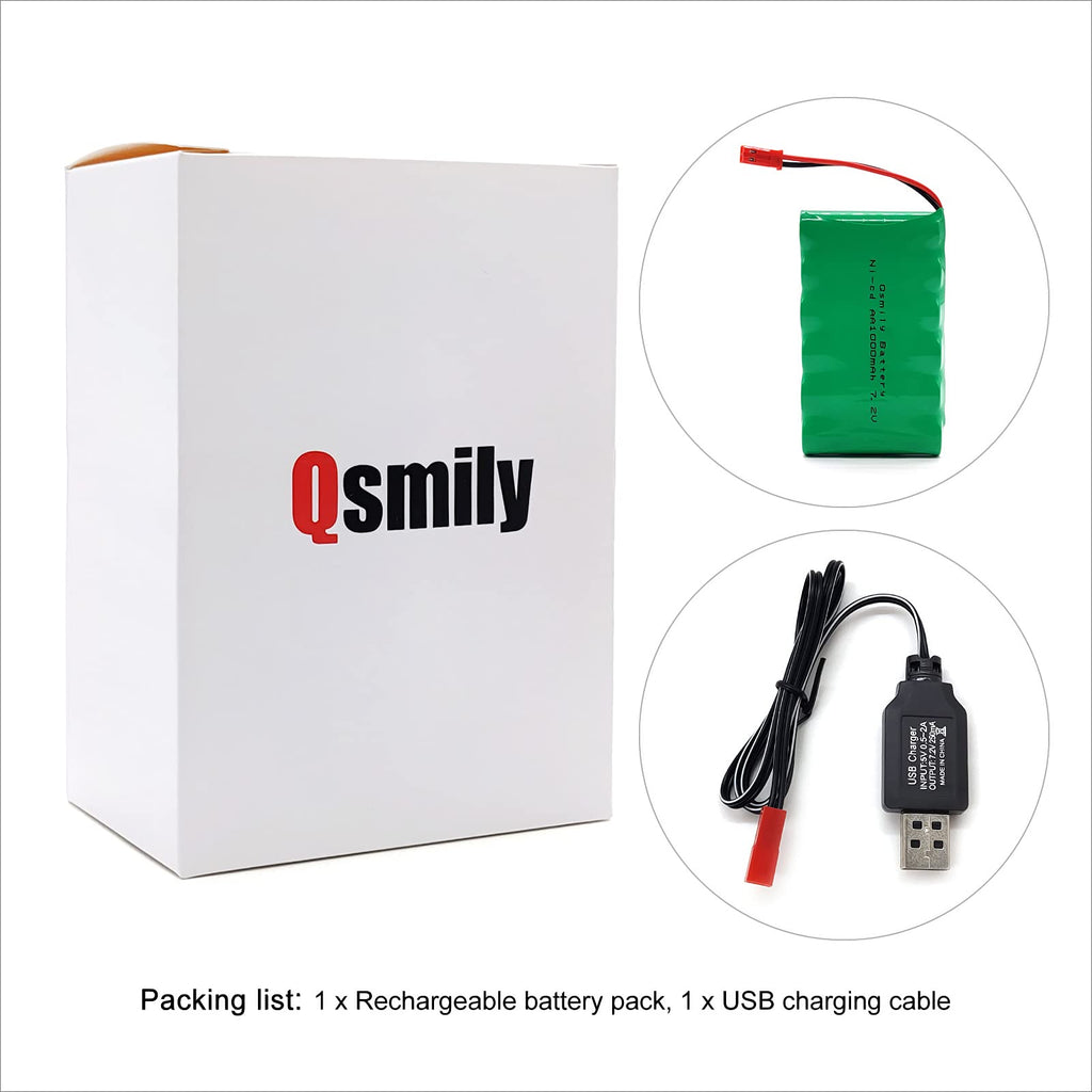 Qsmily 7.2V 1000mAh Ni-Cd Battery Pack with JST Connector and Charge Cable for RC Trucks, Excavators, and Toys