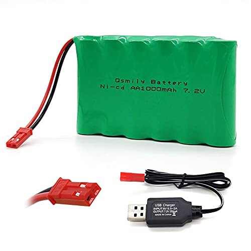 Qsmily 7.2V 1000mAh Ni-Cd Battery Pack with JST Connector and Charge Cable for RC Trucks, Excavators, and Toys