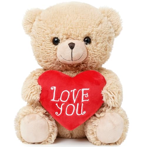Quaakssi 12-Inch Brown Teddy Bear with Heart – Plush Gift for Valentine's, Mother's Day & More