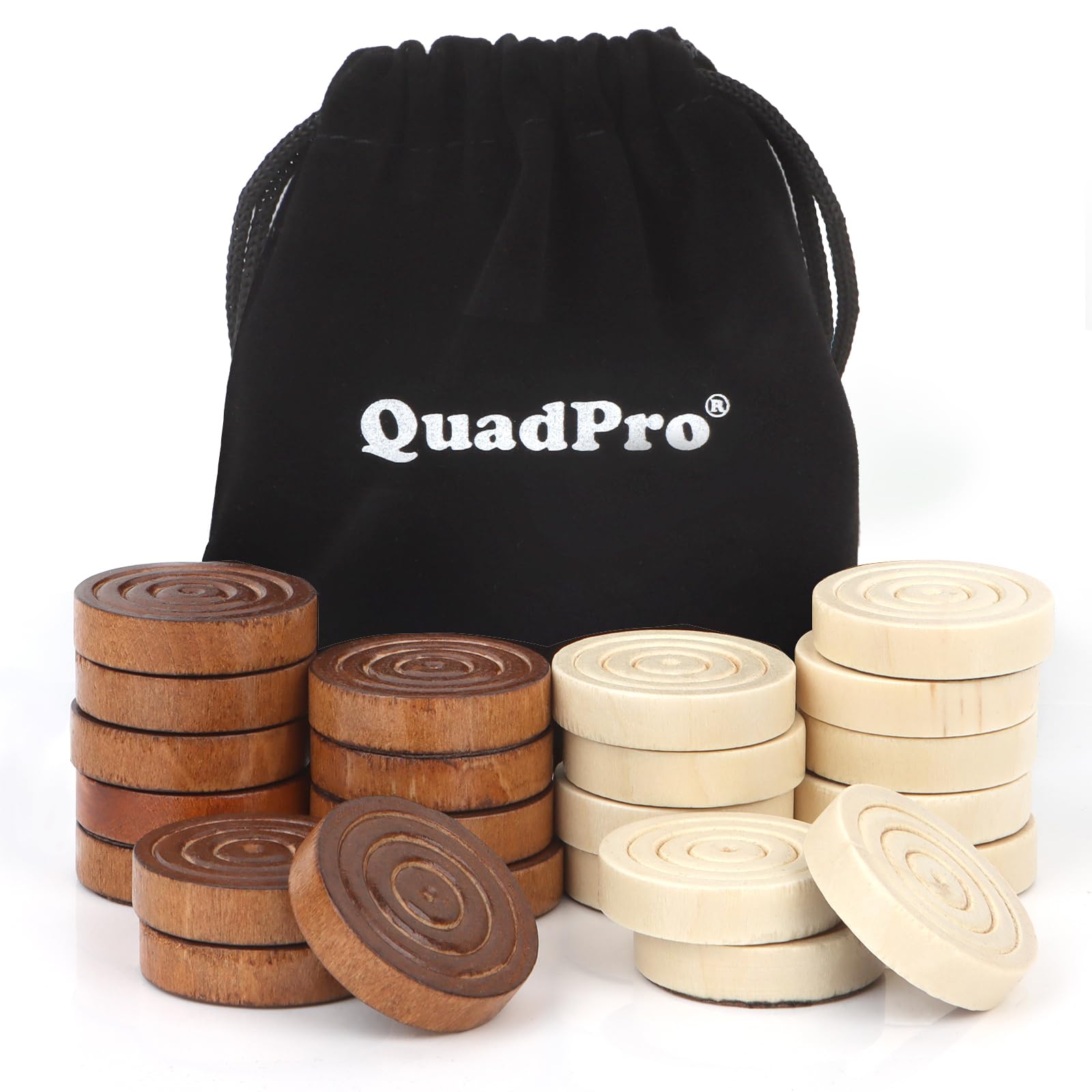 QuadPro Wooden Checkers Pieces – 24 Maple Wood Spare Pieces with Felt Bottoms and Storage Bag