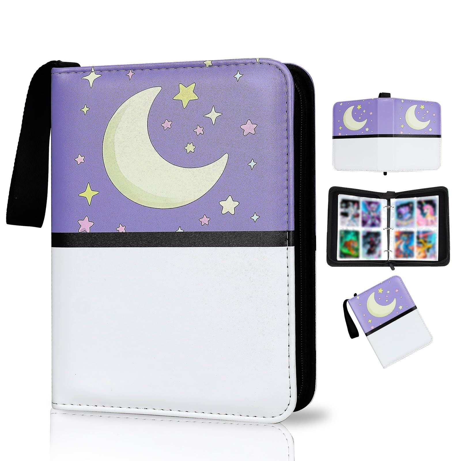 Quazextr 4-Pocket Trading Card Binder – Holds 400 Cards, PU Leather, Zip Closure (Purple White)