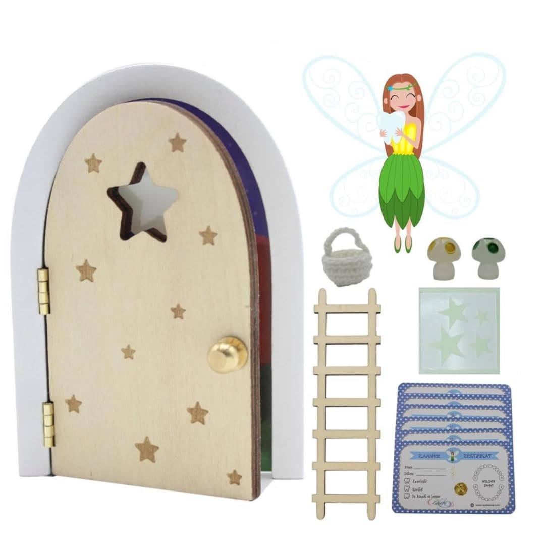 Qué Kawaii Wooden Tooth Fairy Door – Glow in the Dark, Paintable & Customizable Kit with Stairs, Crochet Bag, Stars, Mushrooms & 6 Certificates