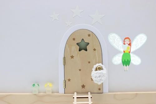 Qué Kawaii Wooden Tooth Fairy Door – Glow in the Dark, Paintable & Customizable Kit with Stairs, Crochet Bag, Stars, Mushrooms & 6 Certificates