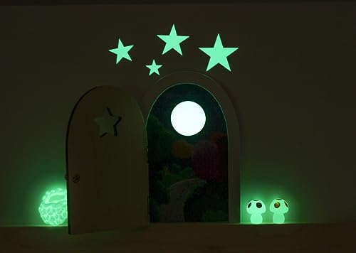 Qué Kawaii Wooden Tooth Fairy Door – Glow in the Dark, Paintable & Customizable Kit with Stairs, Crochet Bag, Stars, Mushrooms & 6 Certificates