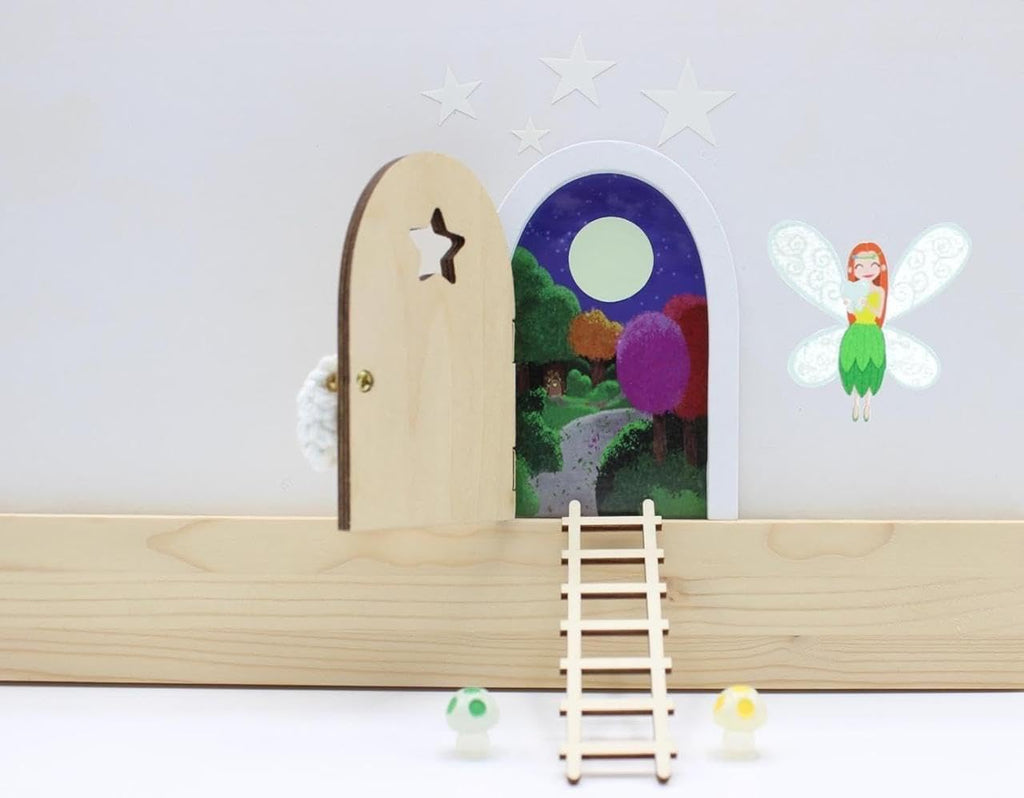 Qué Kawaii Wooden Tooth Fairy Door – Glow in the Dark, Paintable & Customizable Kit with Stairs, Crochet Bag, Stars, Mushrooms & 6 Certificates