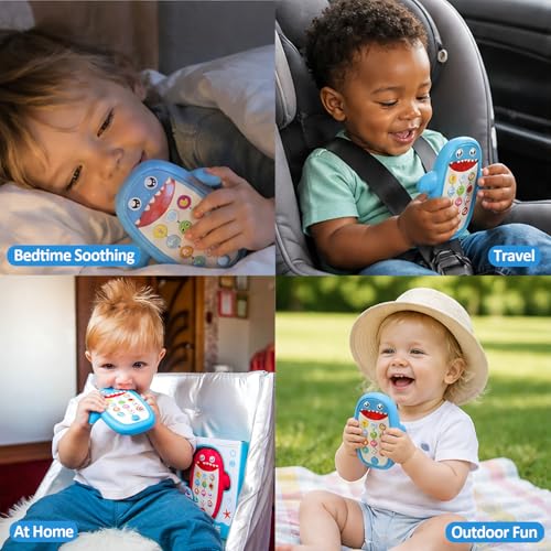 QUERCITRON Baby Shark Cell Phone Toy with Removable Teether Case, Lights & Music, Blue, 12 Months+