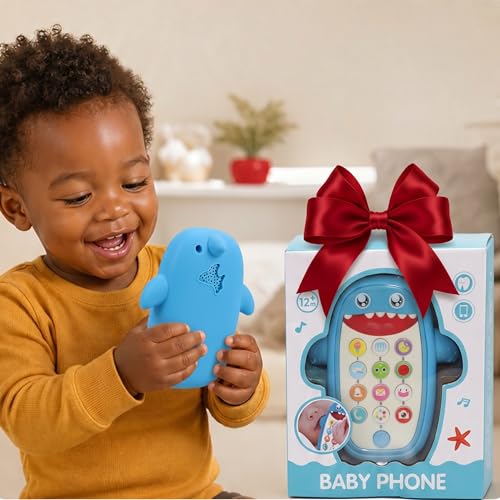 QUERCITRON Baby Shark Cell Phone Toy with Removable Teether Case, Lights & Music, Blue, 12 Months+