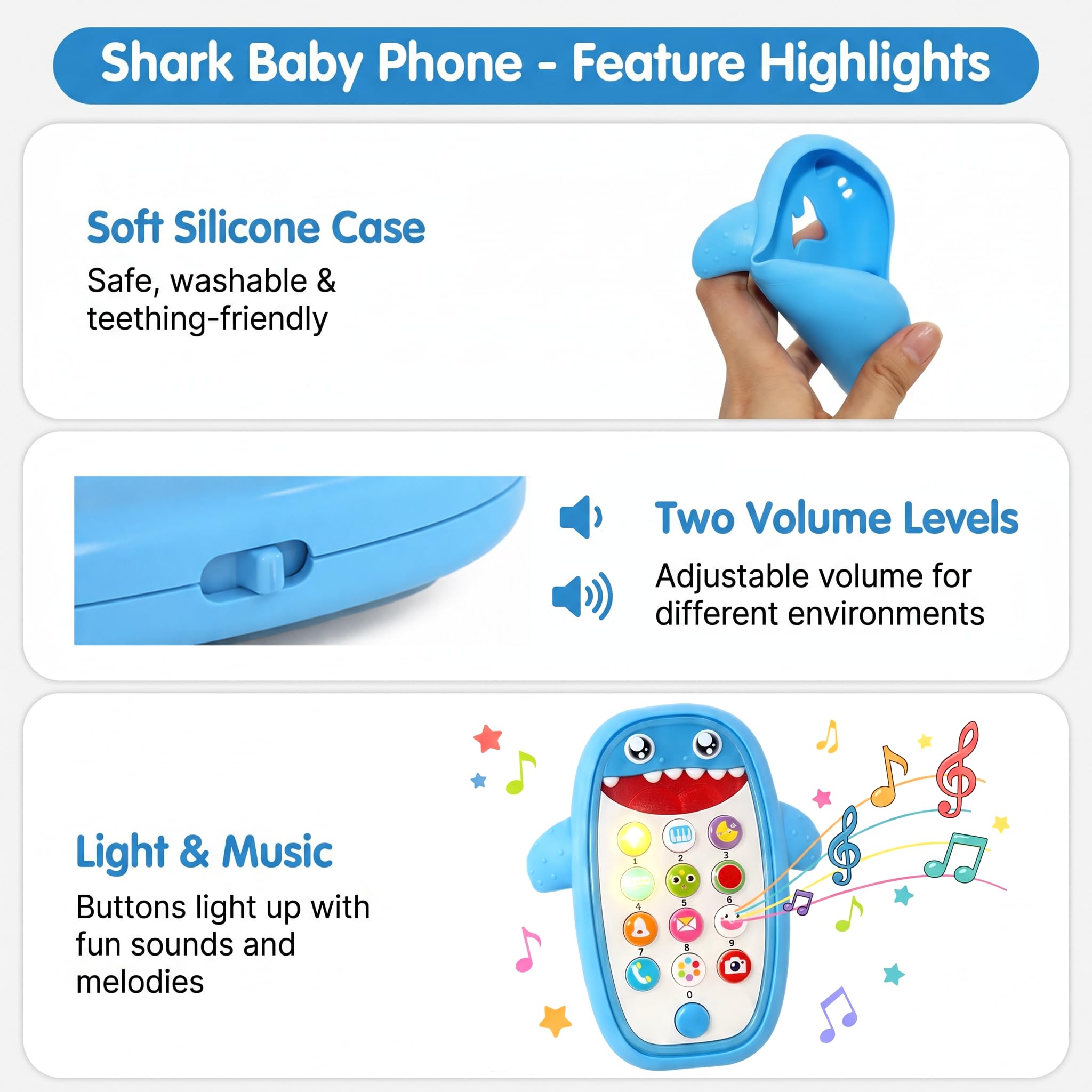 QUERCITRON Baby Shark Cell Phone Toy with Removable Teether Case, Lights & Music, Blue, 12 Months+
