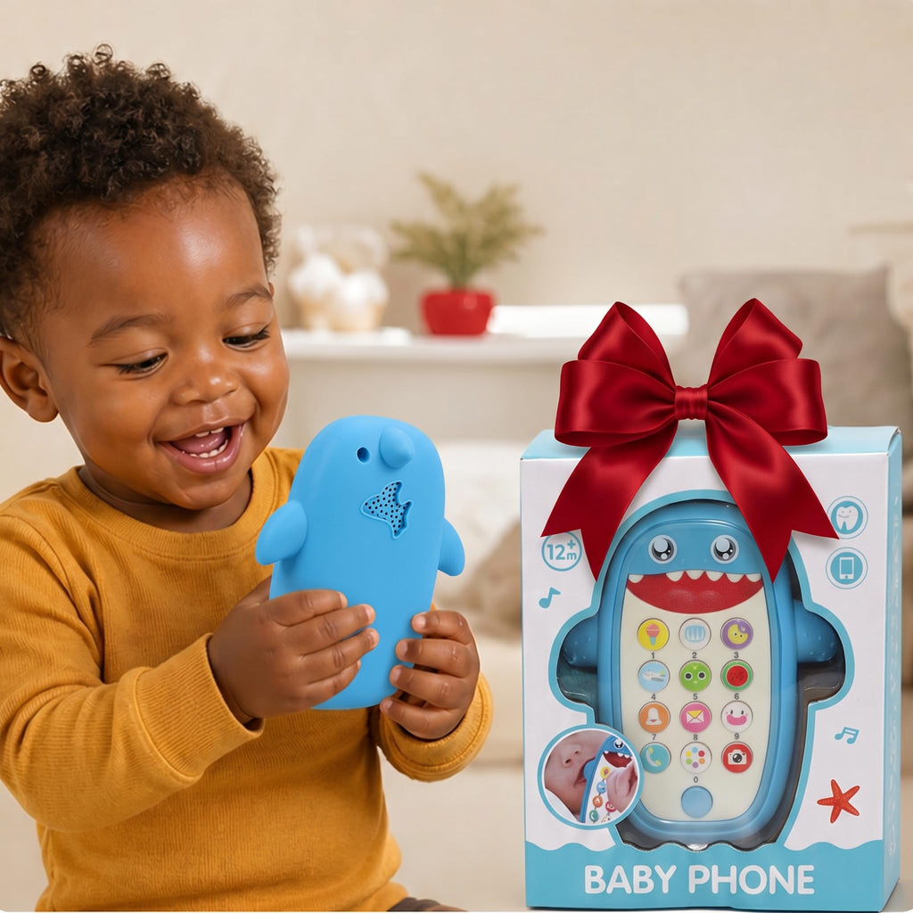 QUERCITRON Baby Shark Cell Phone Toy with Removable Teether Case, Lights & Music, Blue, 12 Months+