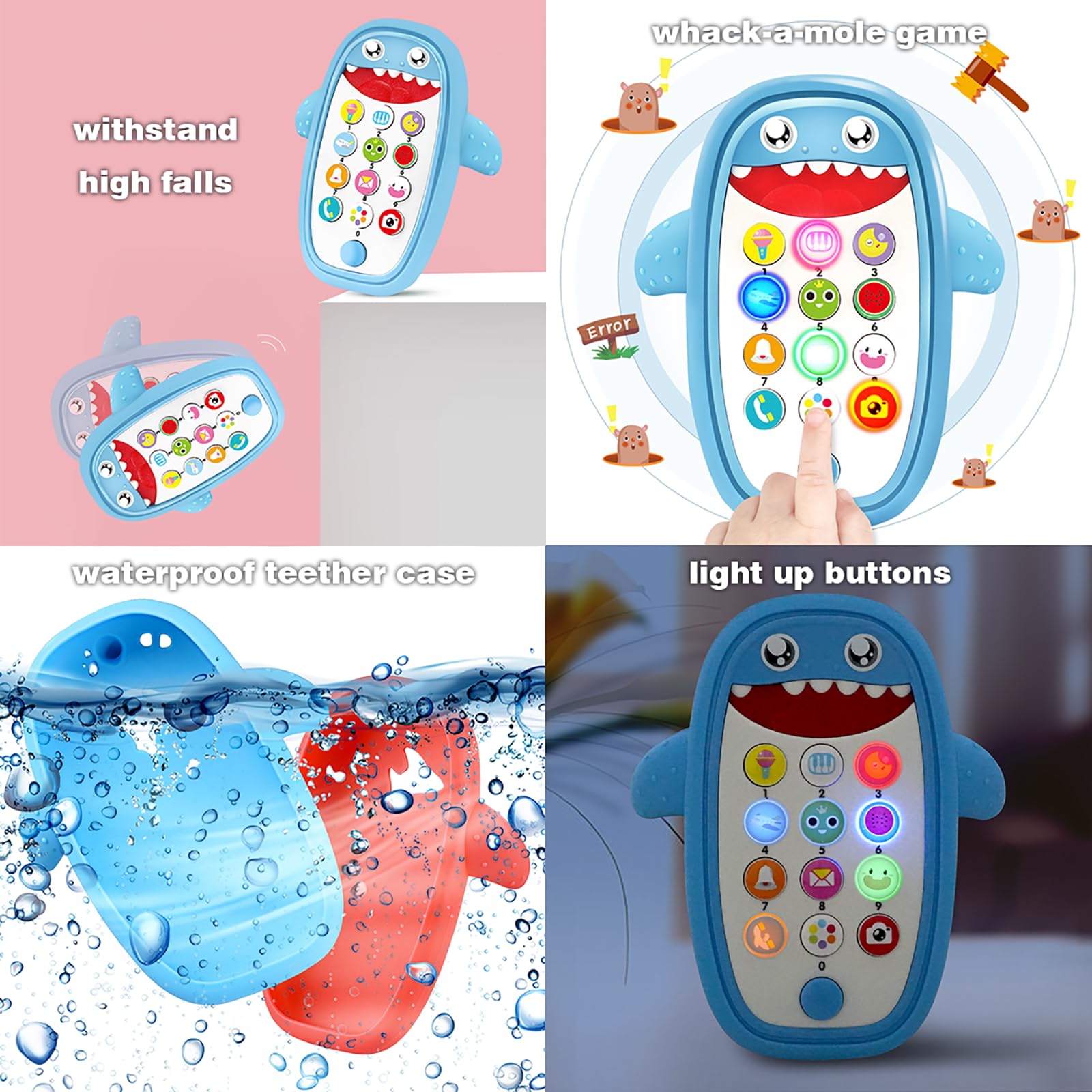 QUERCITRON Baby Shark Cell Phone Toy with Removable Teether Case, Lights & Music, Blue, 12 Months+