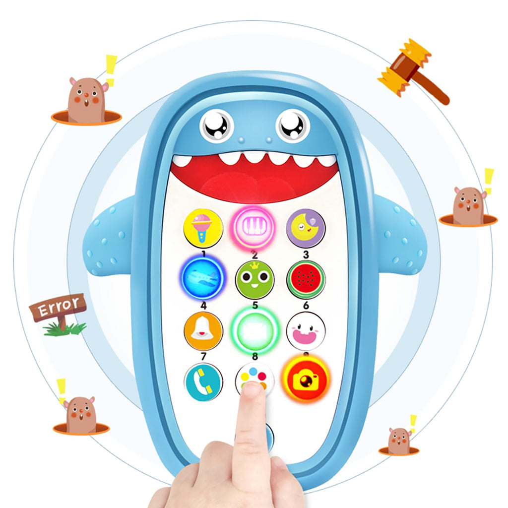QUERCITRON Baby Shark Cell Phone Toy with Removable Teether Case, Lights & Music, Blue, 12 Months+